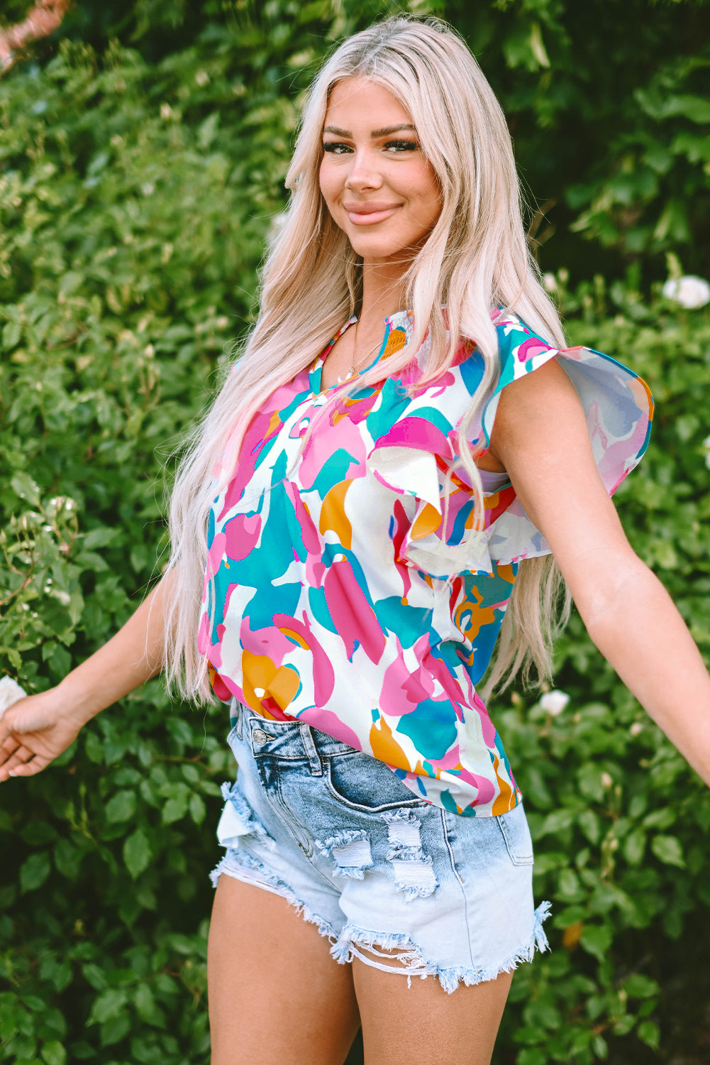 Multicolour Abstract Print Notched Neck Flutter Sleeve Blouse-Tops/Blouses & Shirts-[Adult]-[Female]-2022 Online Blue Zone Planet