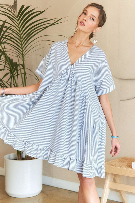 ADORA Ruffled Hem Striped V-Neck Babydoll Dress-TOPS / DRESSES-[Adult]-[Female]-2022 Online Blue Zone Planet
