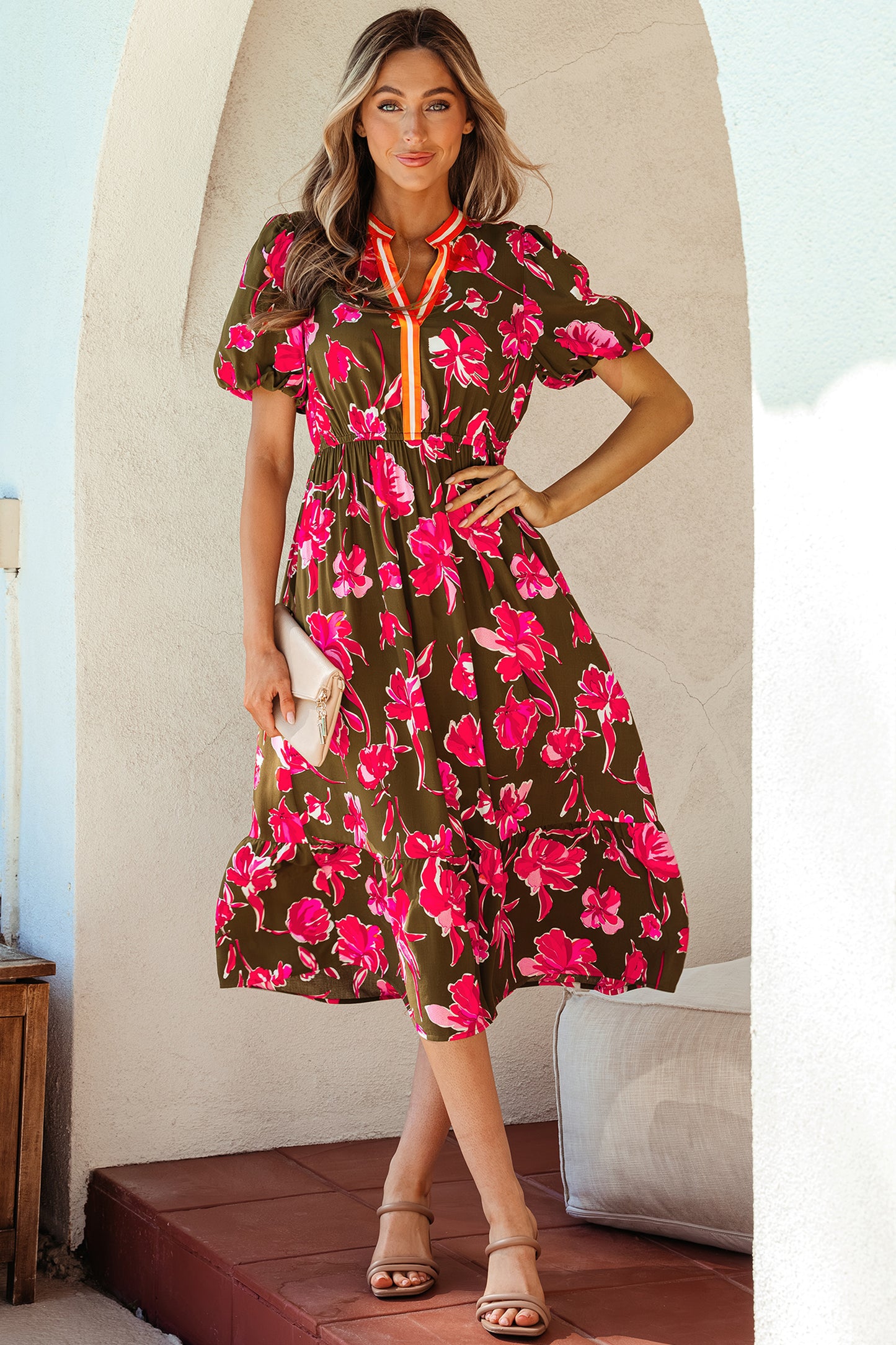 Green Floral Print Striped Trim Split Neck Short Puff Sleeve Ruffle Hem Maxi Dress-TOPS / DRESSES-[Adult]-[Female]-2022 Online Blue Zone Planet