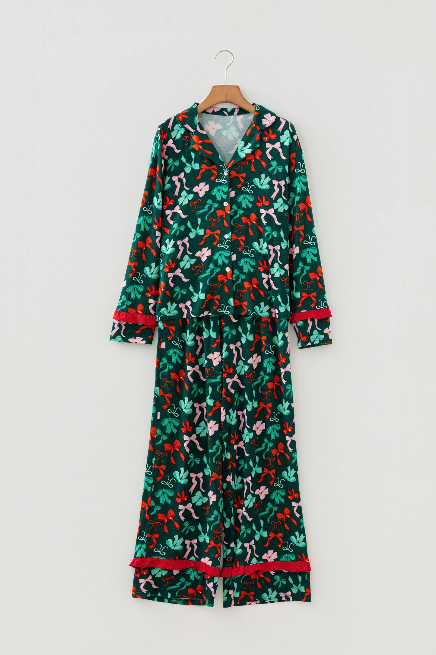 Green Festive Bow Print 2pcs Pajama Pant Set-Loungewear & Sleepwear/Sleepwear-[Adult]-[Female]-2022 Online Blue Zone Planet