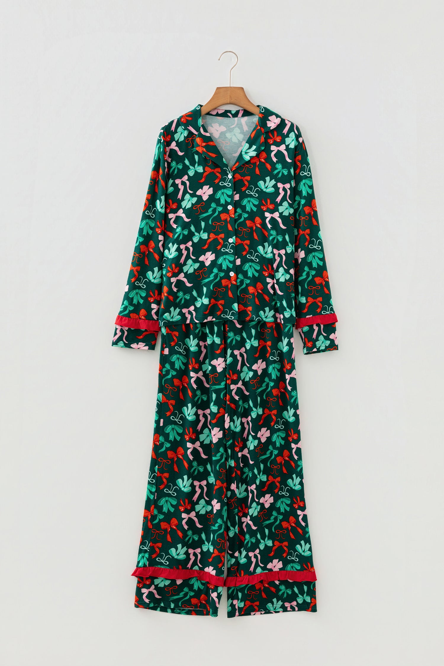 Green Festive Bow Print 2pcs Pajama Pant Set-Loungewear & Sleepwear/Sleepwear-[Adult]-[Female]-2022 Online Blue Zone Planet