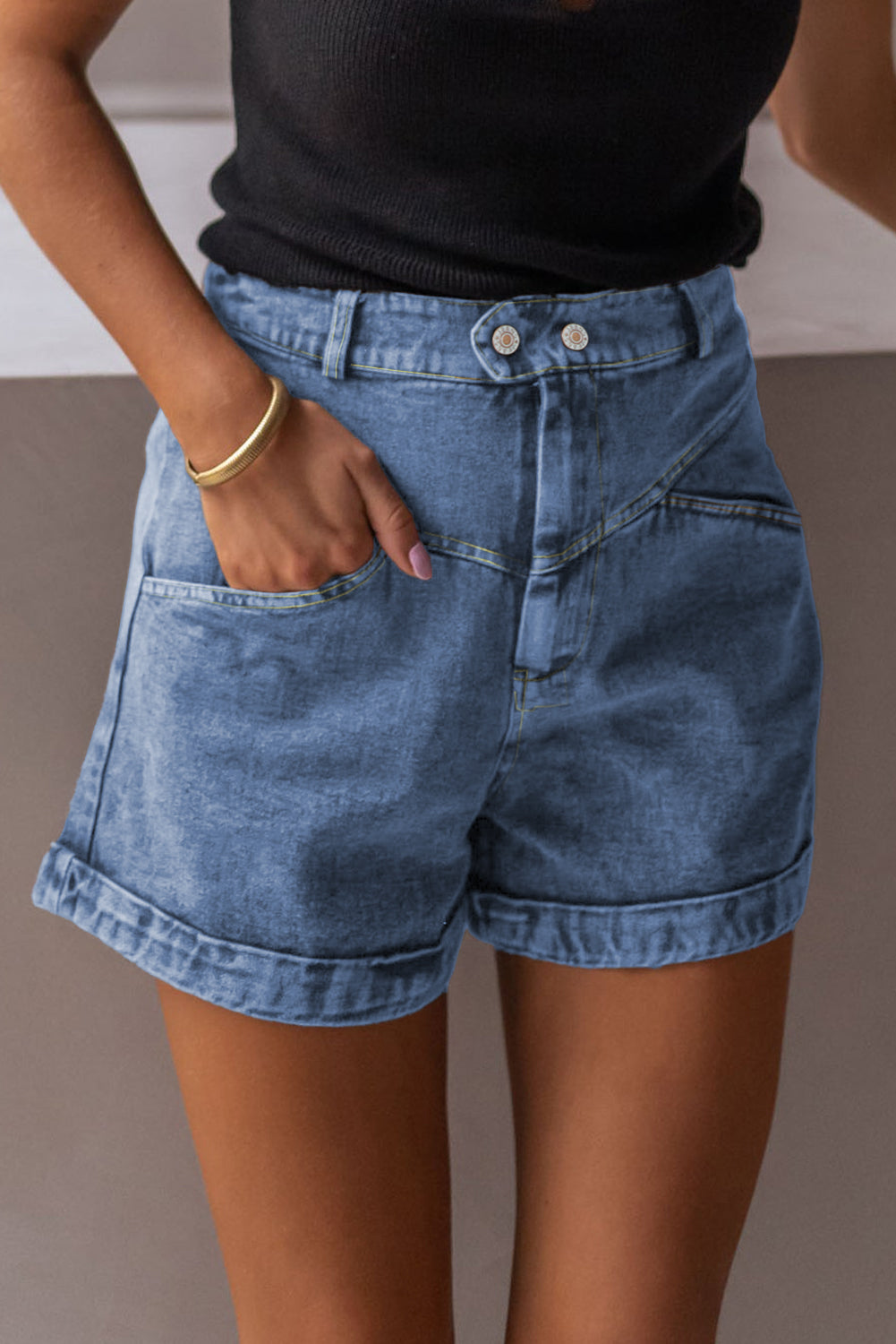 Ivy Seam Detail Pocketed Cuffed Hem Denim Shorts-Bottoms/Denim Shorts-[Adult]-[Female]-2022 Online Blue Zone Planet