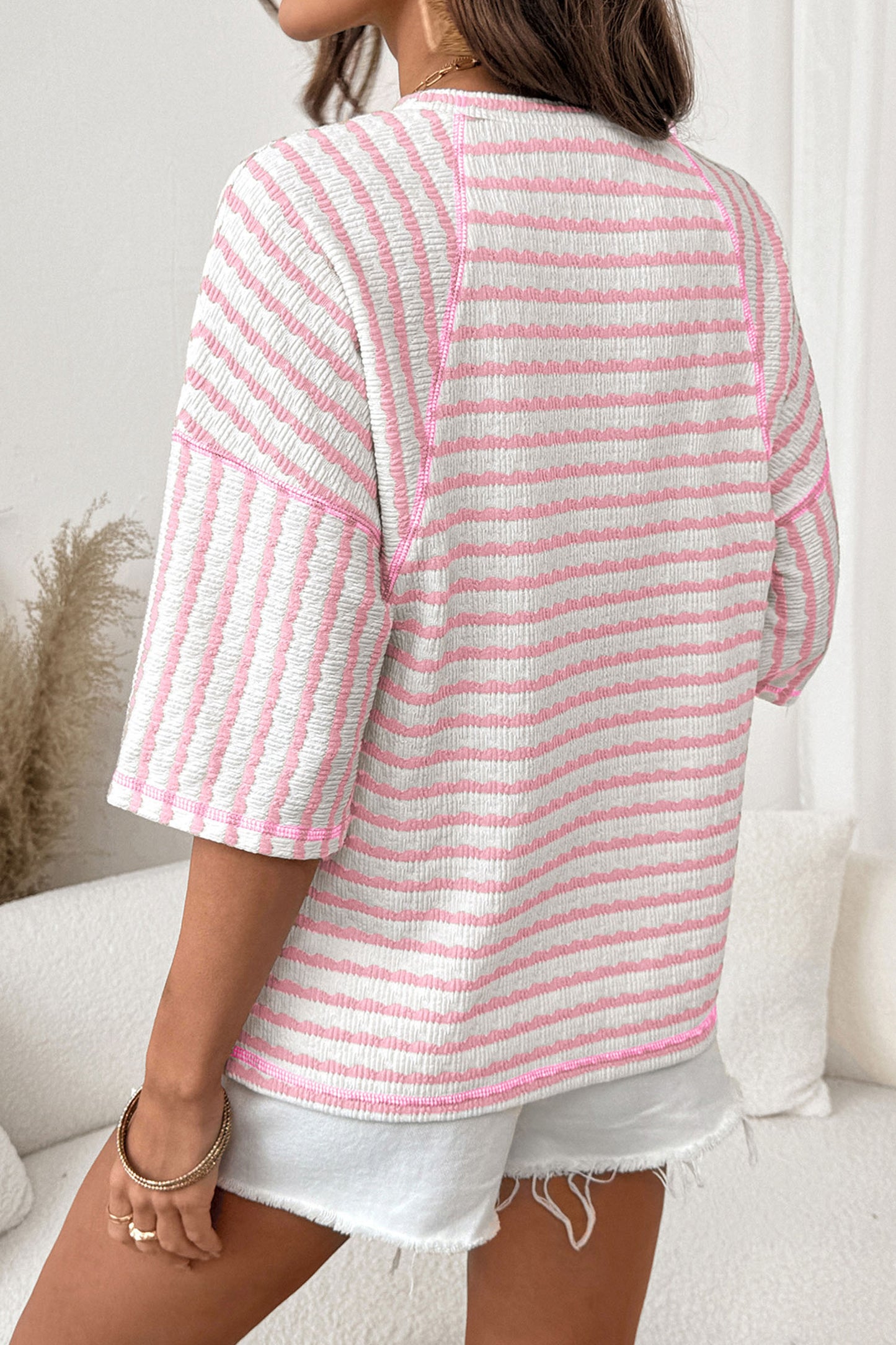 Pink Stripe Textured Knit Split Hem Half Sleeve Loose Top-Tops/Tops & Tees-[Adult]-[Female]-2022 Online Blue Zone Planet