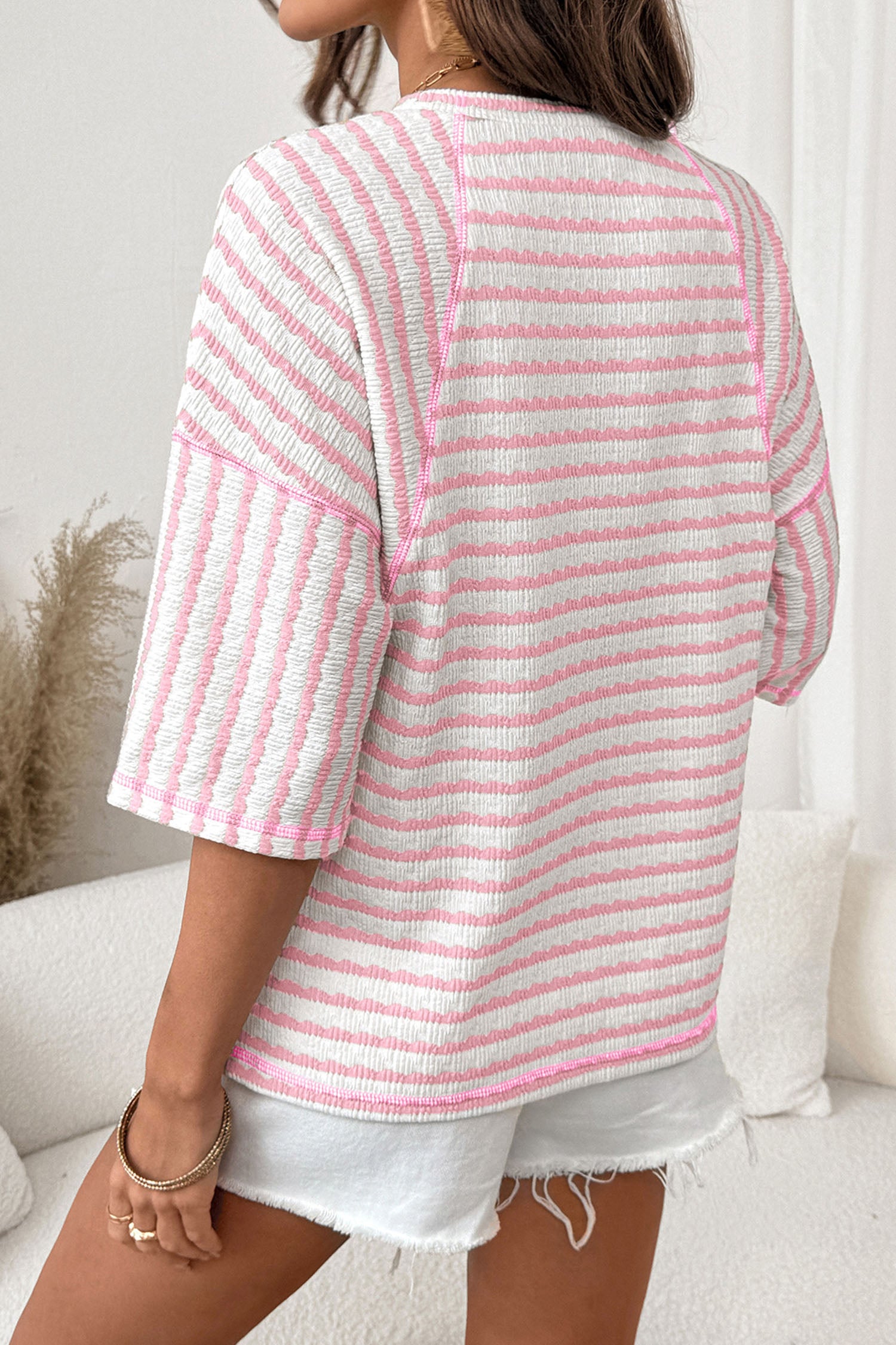 Pink Stripe Textured Knit Split Hem Half Sleeve Loose Top-Tops/Tops & Tees-[Adult]-[Female]-2022 Online Blue Zone Planet