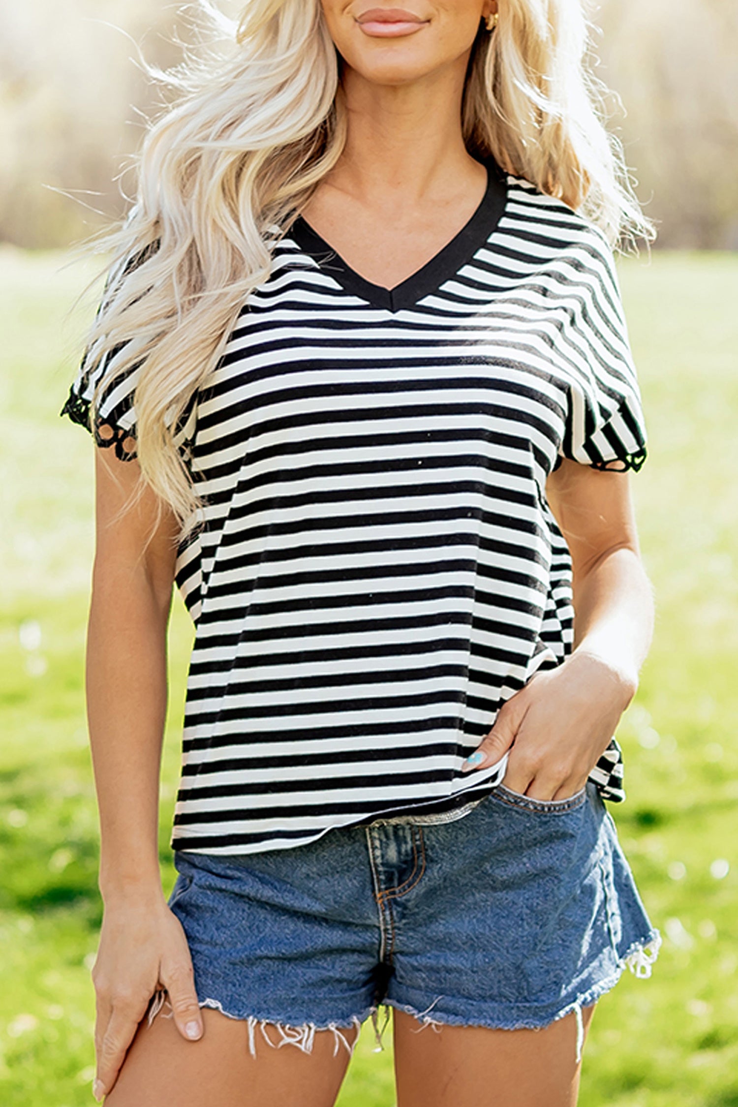 Black Striped Print V Neck Delicate Trim Casual Tee-Tops/Tops & Tees-[Adult]-[Female]-2022 Online Blue Zone Planet
