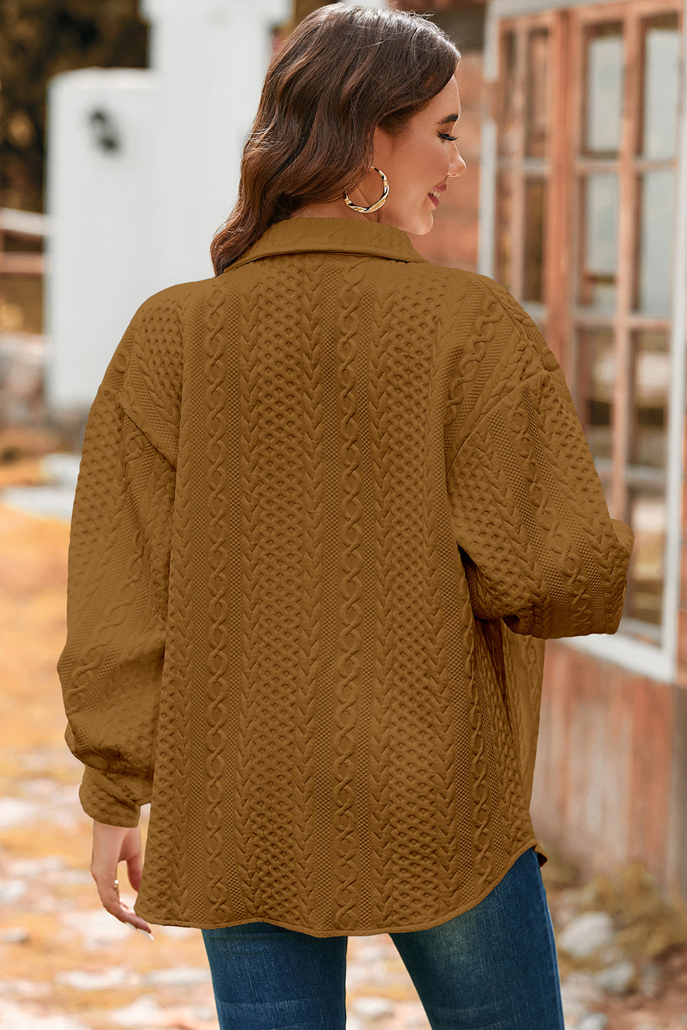 Blackish Green Cable Texture Puff Sleeve Loose Shacket-Outerwear/Jackets-[Adult]-[Female]-2022 Online Blue Zone Planet