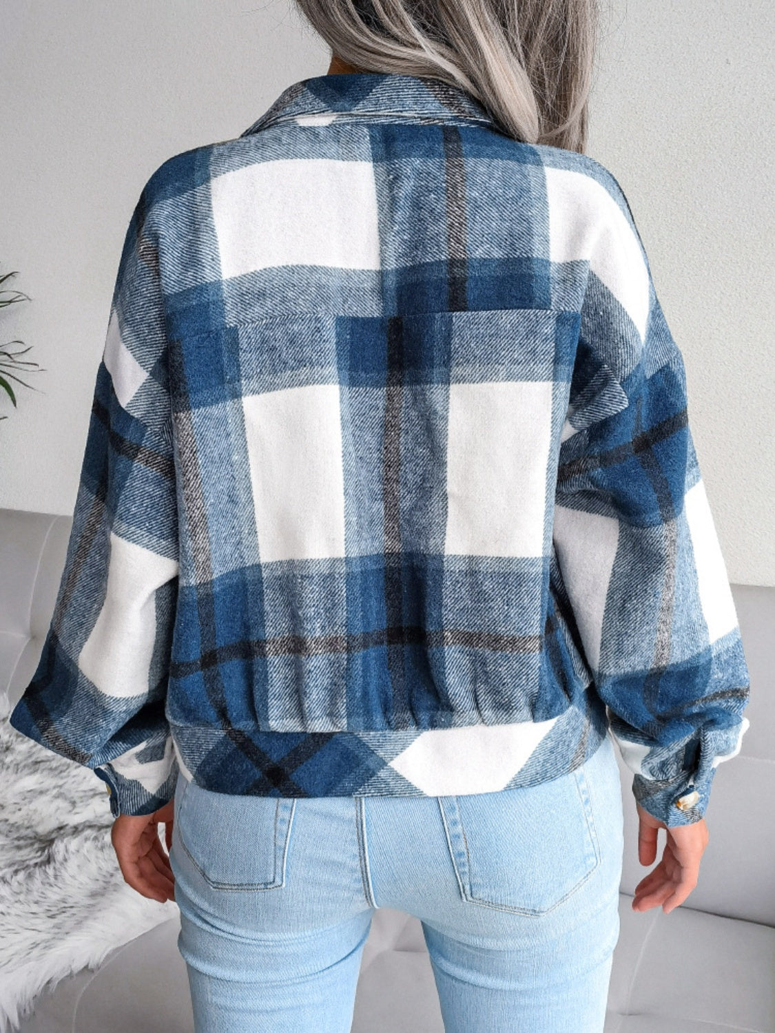 Plaid Collared Neck Long Sleeve Jacket-TOPS / DRESSES-[Adult]-[Female]-2022 Online Blue Zone Planet