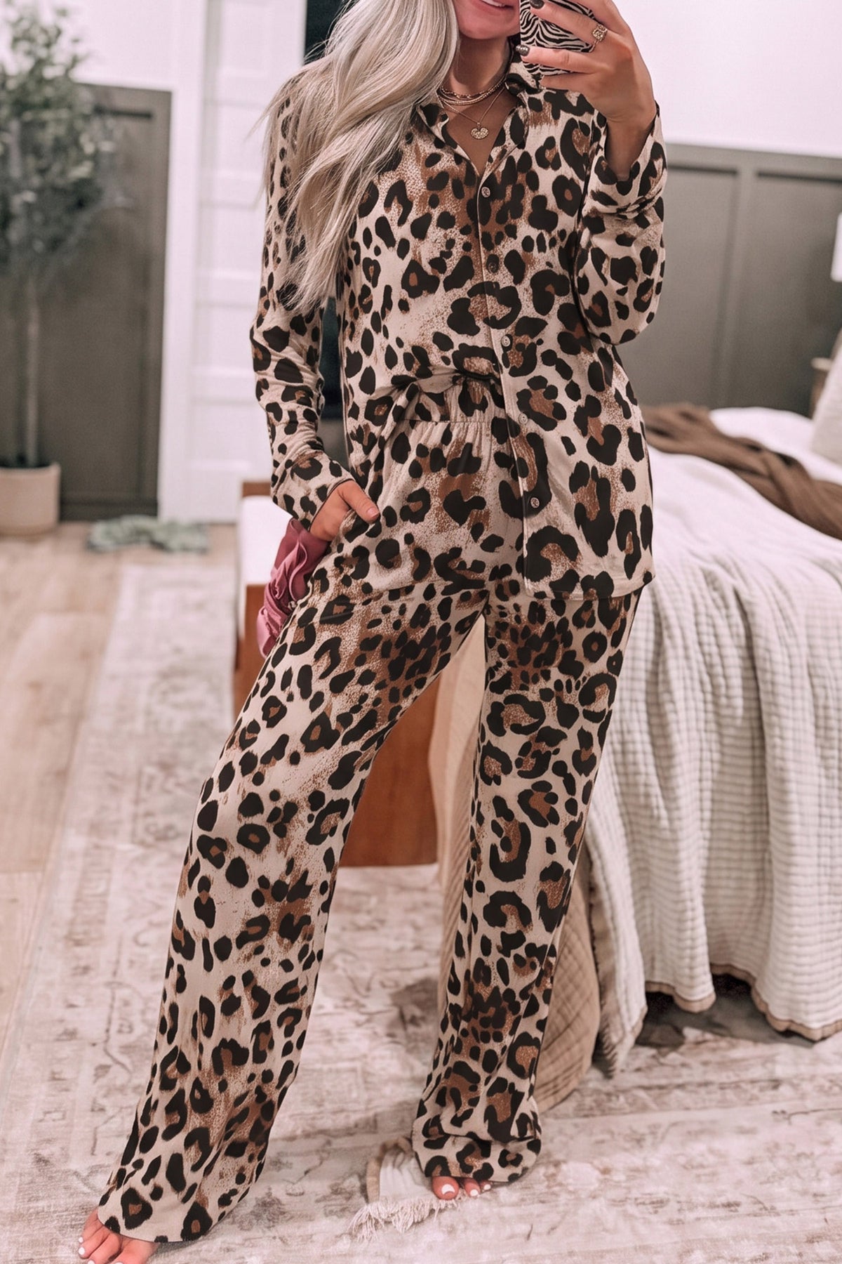 Khaki Leopard Print Button-Up Long Sleeve Two Piece Lounge Set-Loungewear & Sleepwear/Loungewear-[Adult]-[Female]-Khaki-S-2022 Online Blue Zone Planet