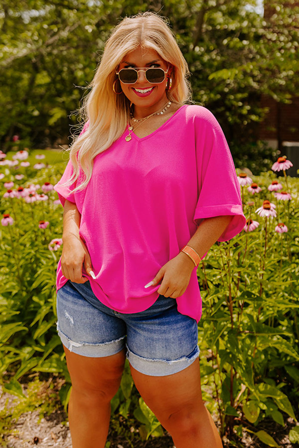 Bright Pink Seamed Back High Low Hem V Neck Cuffed Sleeve Plus Size Tee-Plus Size/Plus Size Tops/Plus Size Tops & Tees-[Adult]-[Female]-2022 Online Blue Zone Planet