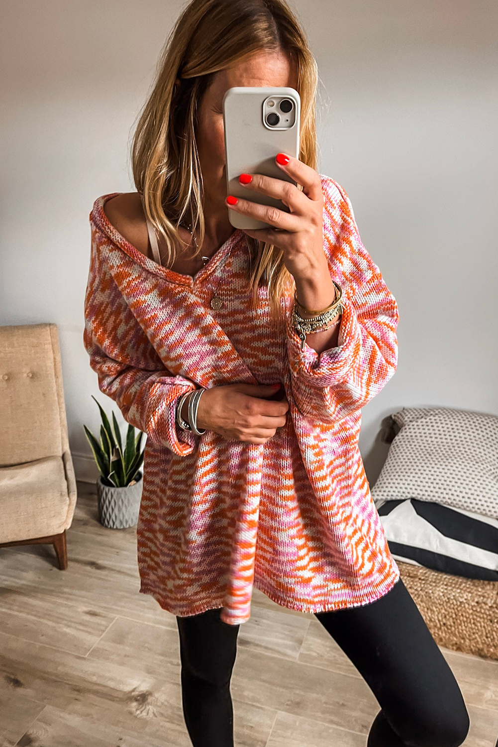 Orange Vibrant Abstract Print Drop Shoulder V Neck Tunic Oversized Sweater-Sweaters & Cardigans/Sweaters-[Adult]-[Female]-2022 Online Blue Zone Planet
