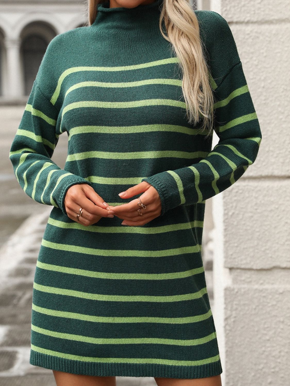 Blue Zone Planet | Striped Mock Neck Long Sleeve Mini Dress-TOPS / DRESSES-[Adult]-[Female]-2022 Online Blue Zone Planet