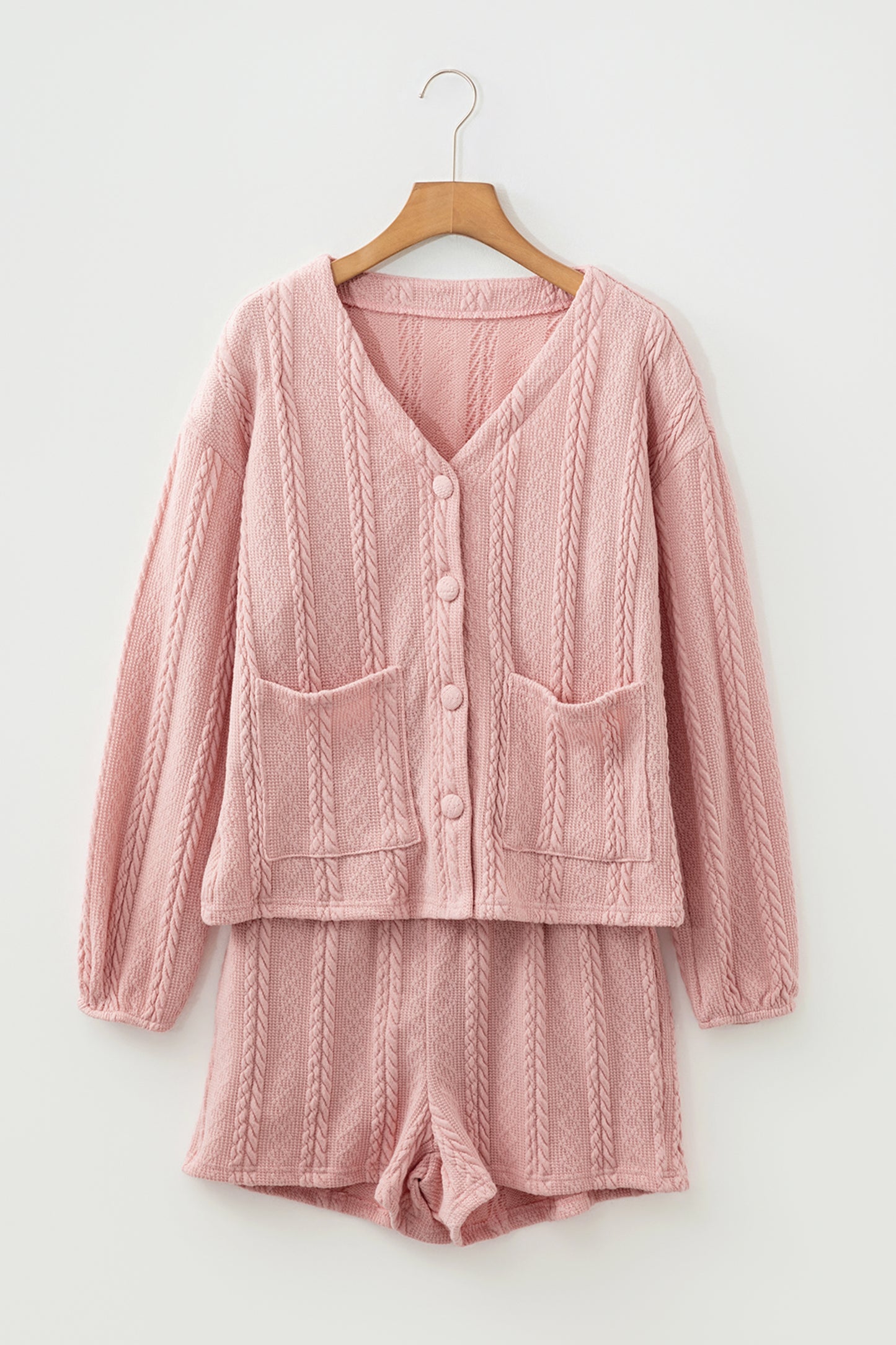 Gossamer Pink Cable Knit V Neck Cardigan Shorts Set-Two Piece Sets/Short Sets-[Adult]-[Female]-2022 Online Blue Zone Planet