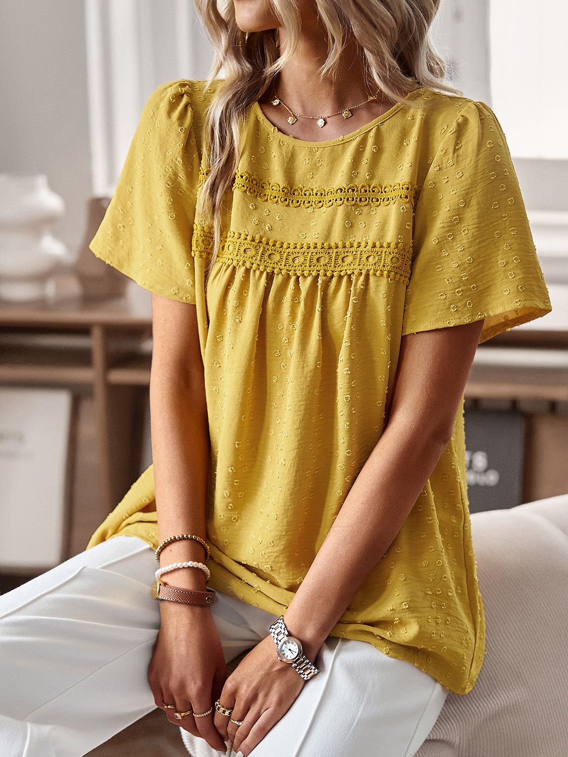 Blue Zone Planet | Lace Detail Round Neck Short Sleeve Blouse-TOPS / DRESSES-[Adult]-[Female]-Yellow-S-2022 Online Blue Zone Planet