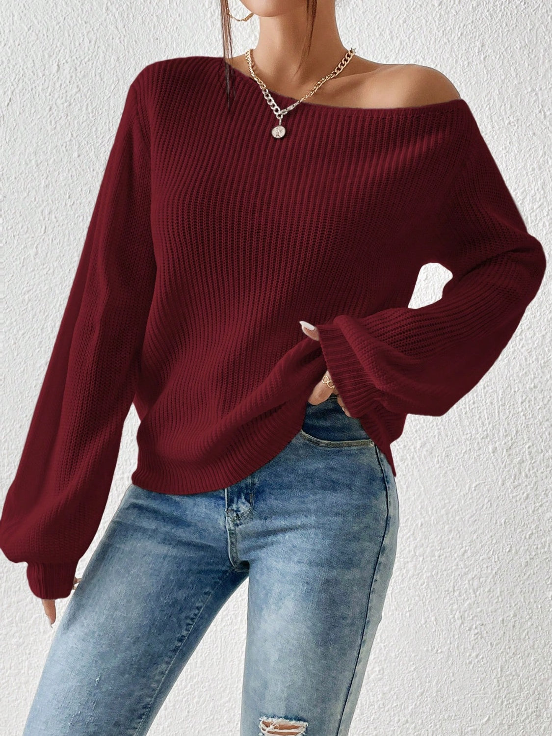 Honey Single Shoulder Long Sleeve Sweater-TOPS / DRESSES-[Adult]-[Female]-Burgundy-S-2022 Online Blue Zone Planet