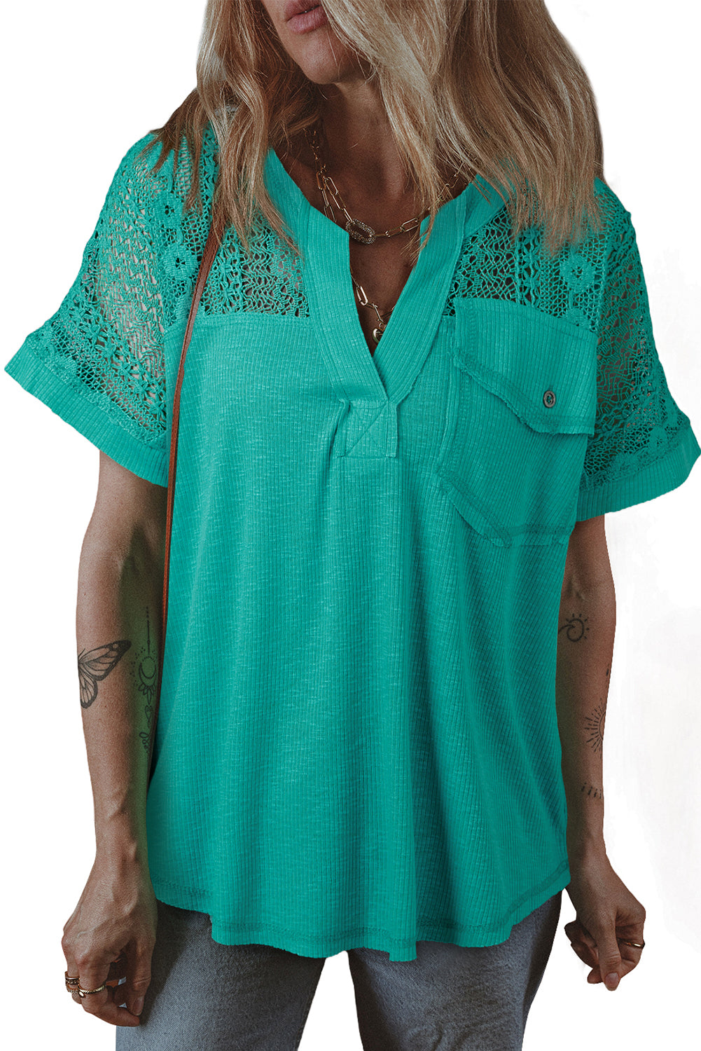 Sea Green Lace Patchwork Split Neck Textured Short Sleeve Blouse-Tops/Blouses & Shirts-[Adult]-[Female]-2022 Online Blue Zone Planet