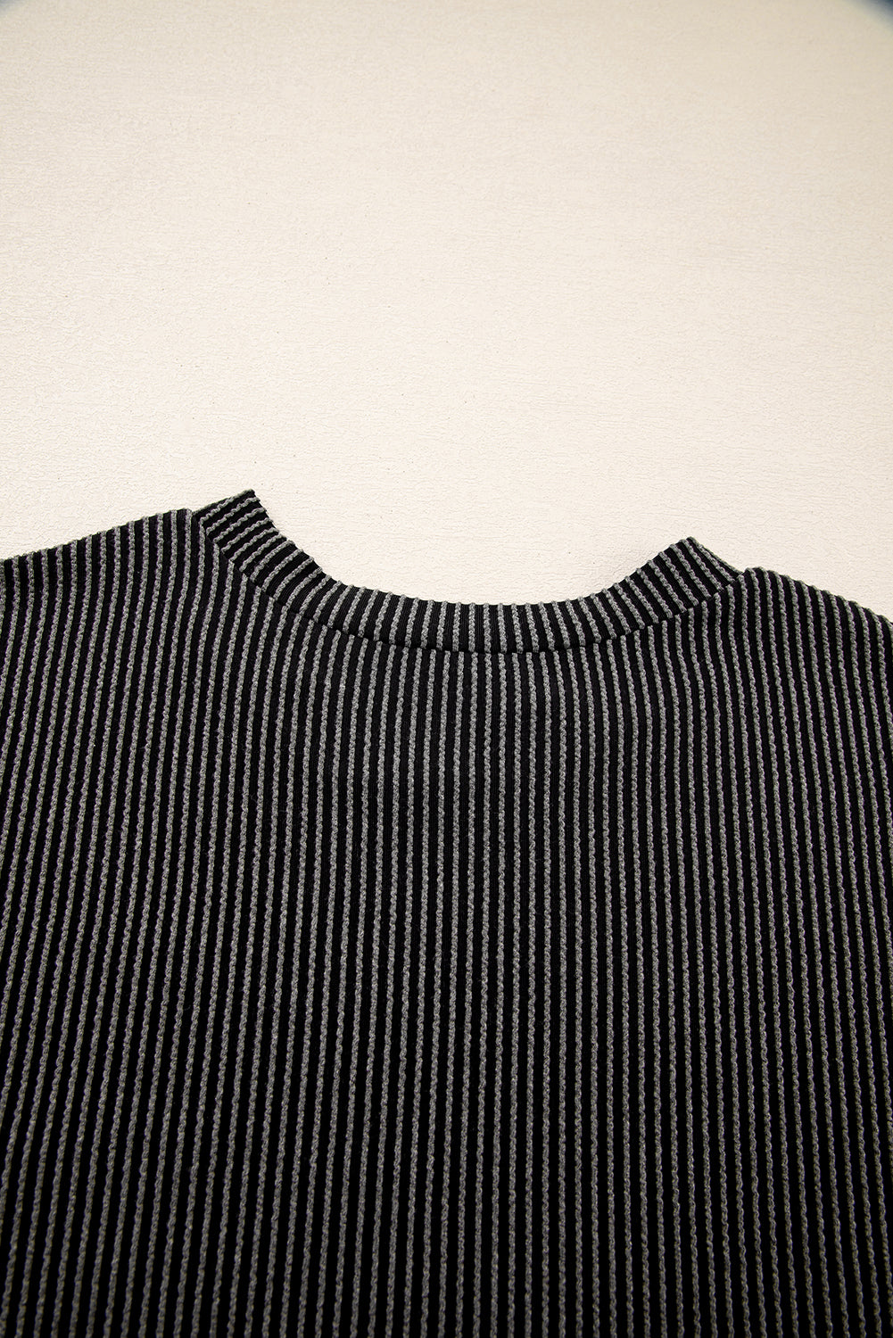 Carbon Grey Corded Knit Color Block Pocketed Crew Neck T Shirt-Tops/Tops & Tees-[Adult]-[Female]-2022 Online Blue Zone Planet