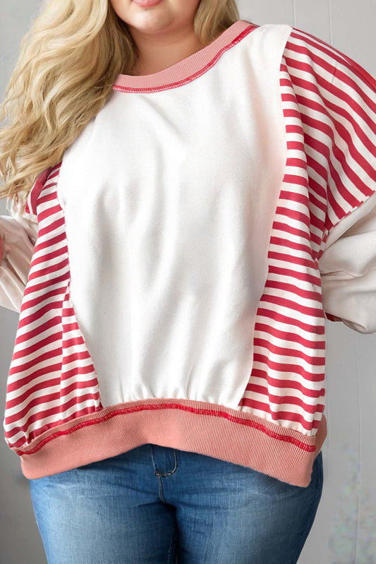 Red Stripe Color Block Patchwork Seam Detail Plus Size Sweatshirt-Plus Size/Plus Size Sweatshirts & Hoodies-[Adult]-[Female]-Red Stripe-1X-2022 Online Blue Zone Planet