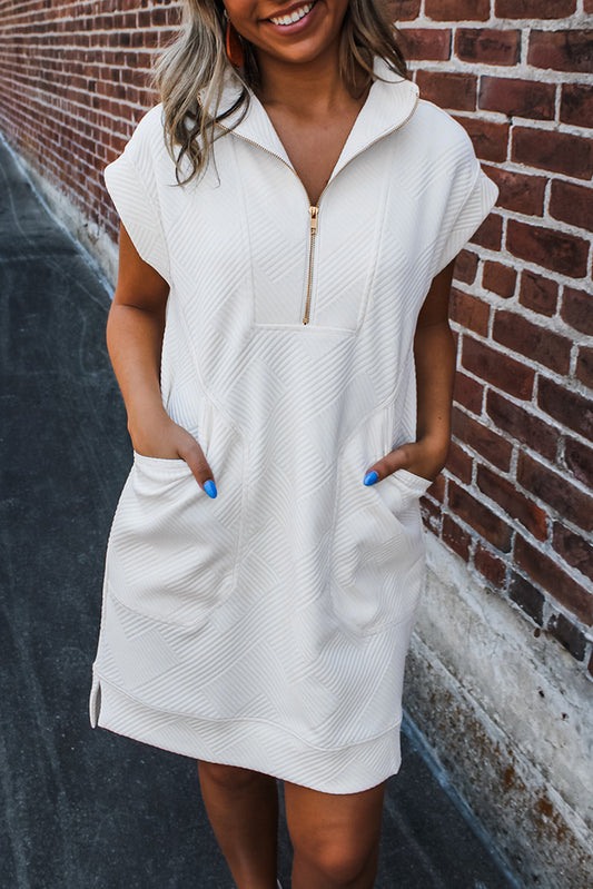 White Textured Half Zip Collared Cap Sleeve Mini Dress-TOPS / DRESSES-[Adult]-[Female]-White-S-2022 Online Blue Zone Planet
