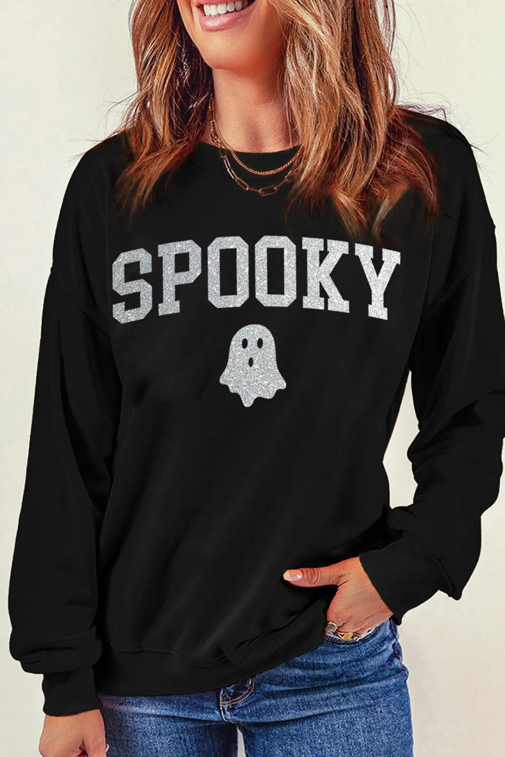 SPOOKY Round Neck Long Sleeve Sweatshirt-TOPS / DRESSES-[Adult]-[Female]-2022 Online Blue Zone Planet