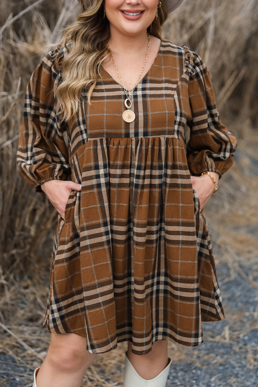 Blue Zone Planet | Brown Printed Plaid V Neck Plus Size Babydoll Dress-TOPS / DRESSES-[Adult]-[Female]-2022 Online Blue Zone Planet