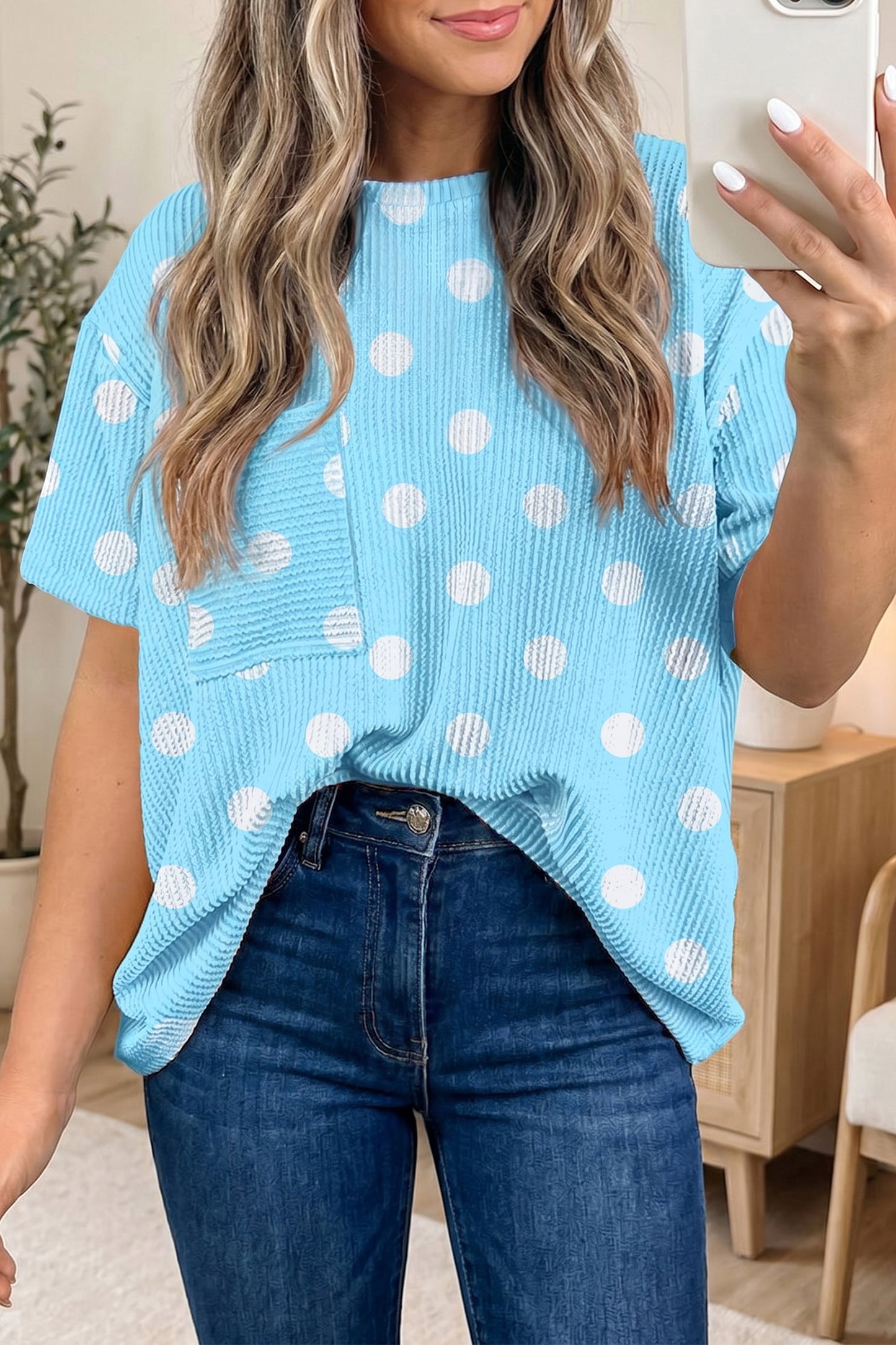 Pink Polka Dot Round Neck Drop Shoulder Patch Pocket Jacquard Texture Top-Tops/Tops & Tees-[Adult]-[Female]-2022 Online Blue Zone Planet