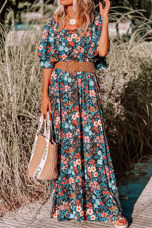 Sky Blue Boho Floral Print Knotted Backless Maxi Dress-Maxi Dresses-[Adult]-[Female]-Sky Blue-S-2022 Online Blue Zone Planet