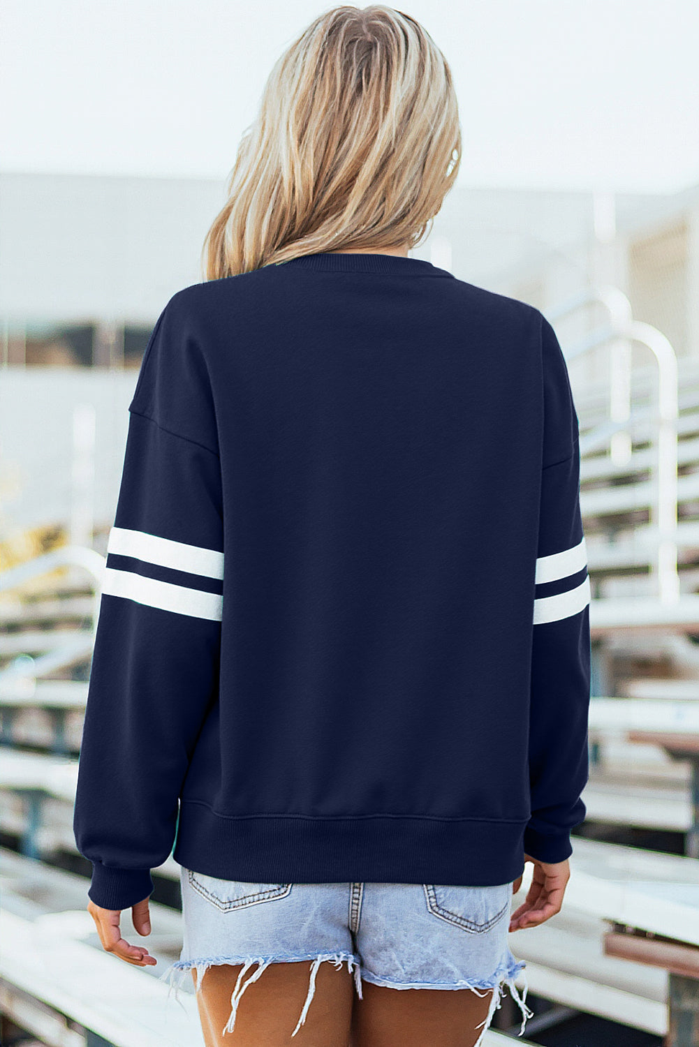 Navy Blue Varsity Striped Detail Drop Shoulder Oversized Sweatshirt-Tops/Sweatshirts & Hoodies-[Adult]-[Female]-2022 Online Blue Zone Planet