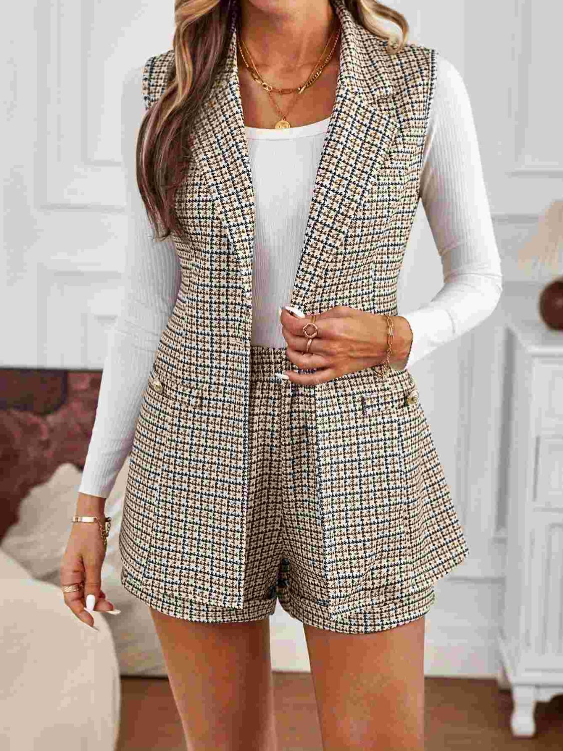 Tied Plaid Collared Neck Vest and Shorts Set-TOPS / DRESSES-[Adult]-[Female]-Tan-S-2022 Online Blue Zone Planet