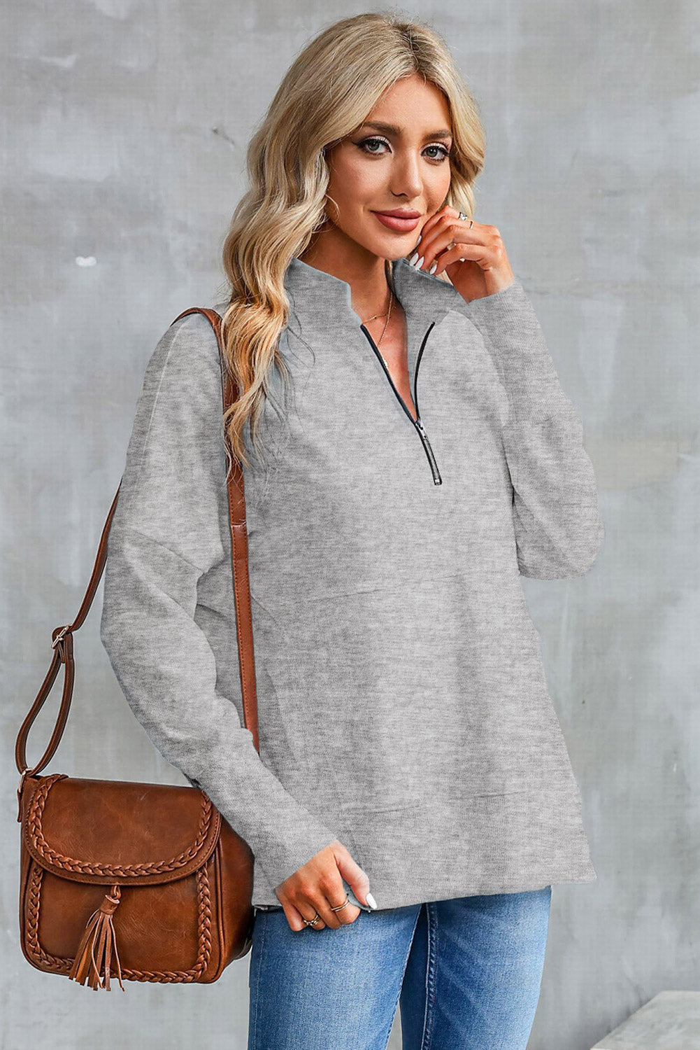 Half Zip Pocketed Dropped Shoulder Sweatshirt-TOPS / DRESSES-[Adult]-[Female]-Dark Gray-S-2022 Online Blue Zone Planet