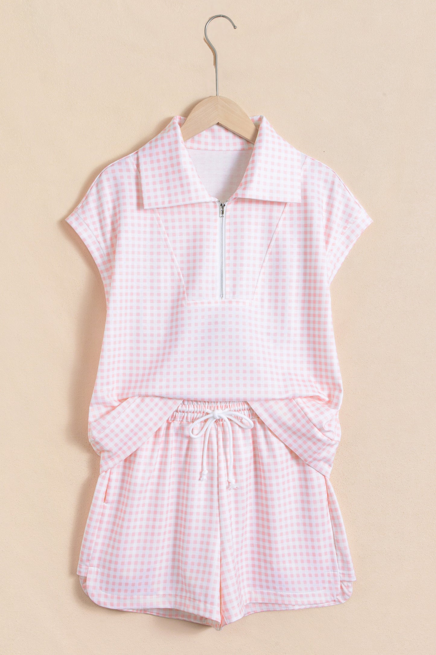 Pink Plaid Zip Neck Sleeveless Top Elastic Waist Shorts Casual Two Piece Short Set-Two Piece Sets/Short Sets-[Adult]-[Female]-2022 Online Blue Zone Planet