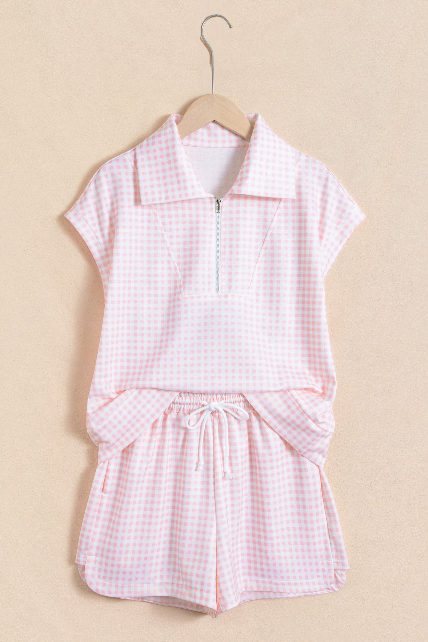 Pink Plaid Zip Neck Sleeveless Top Elastic Waist Shorts Casual Two Piece Short Set-Two Piece Sets/Short Sets-[Adult]-[Female]-2022 Online Blue Zone Planet