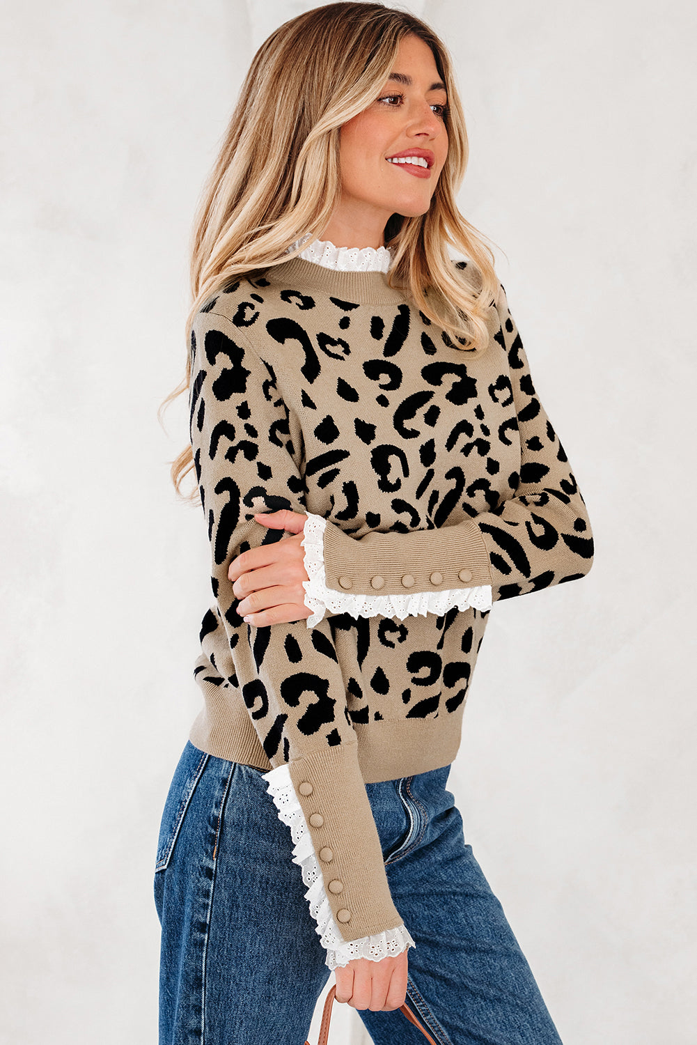 Brown Leopard Pattern Lace Ribbed Detail Button Cuffed Sweater-TOPS / DRESSES-[Adult]-[Female]-2022 Online Blue Zone Planet