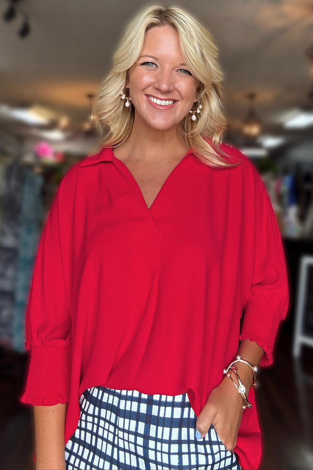 Fiery Red V Neck Collared Shirred 3/4 Sleeve Oversized Tunic Top-Tops/Blouses & Shirts-[Adult]-[Female]-2022 Online Blue Zone Planet