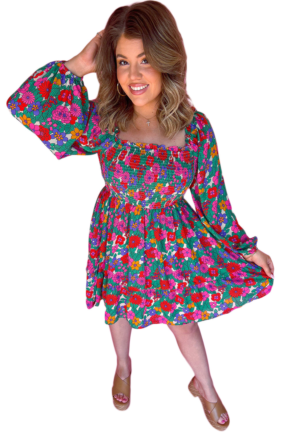 Plus Size Frill Square Neck Floral Shirred Mini Dress-Plus Size Dresses-[Adult]-[Female]-2022 Online Blue Zone Planet