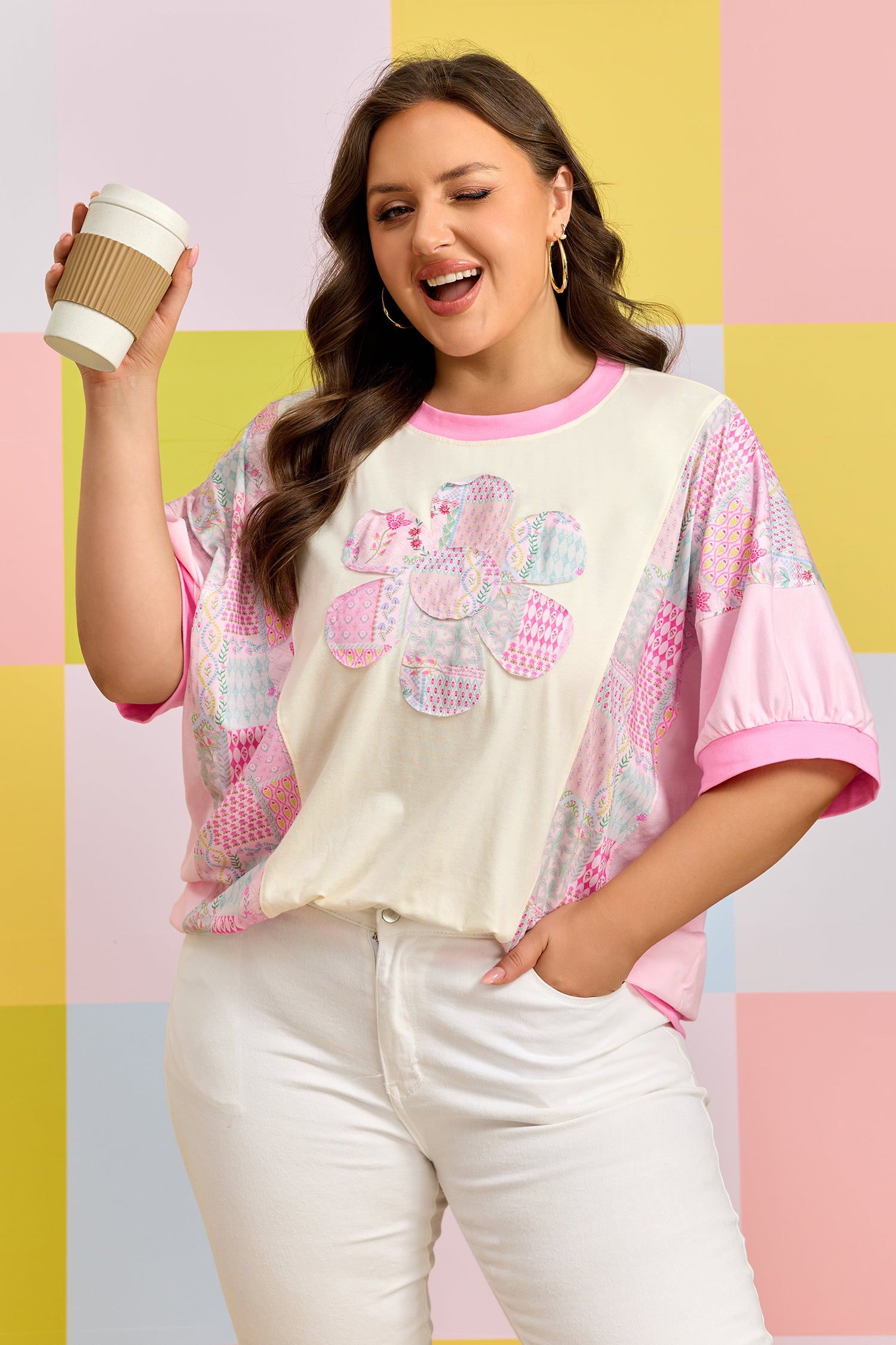 Beige Plus Size Floral Patchwork Short Sleeve Patch Embroidery Cotton T Shirt-Plus Size/Plus Size Tops/Plus Size Tops & Tees-[Adult]-[Female]-2022 Online Blue Zone Planet
