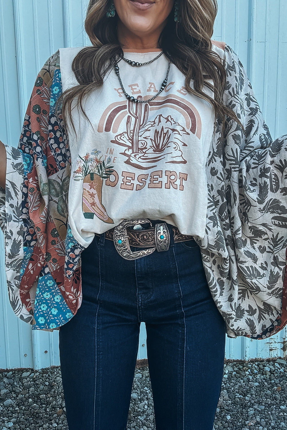 Multicolour Asymmetric Printed Patchwork Sleeve Peace Desert Graphic Top-Graphic/Graphic Long Sleeve Tees-[Adult]-[Female]-2022 Online Blue Zone Planet