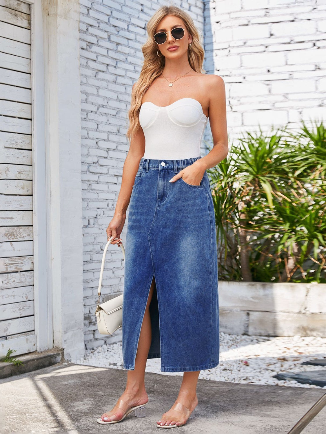 Slit Midi Denim Skirt with Pockets-BOTTOMS SIZES SMALL MEDIUM LARGE-[Adult]-[Female]-2022 Online Blue Zone Planet