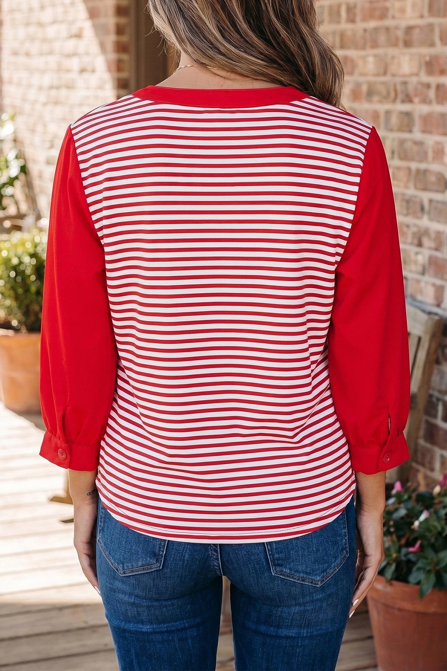 Red Stripe Half Placket V Neck Contrast 3/4 Sleeve Patchwork Top-Tops/Long Sleeve Tops-[Adult]-[Female]-2022 Online Blue Zone Planet