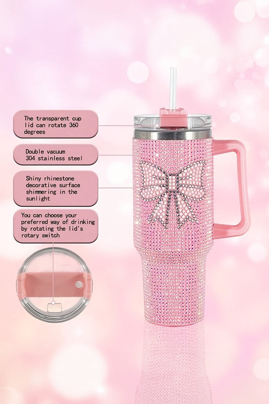 Pink Sweet Rhinestone Bow Tumbler Cup with Straw and Handle-Cups-[Adult]-[Female]-Pink-ONE SIZE-2022 Online Blue Zone Planet