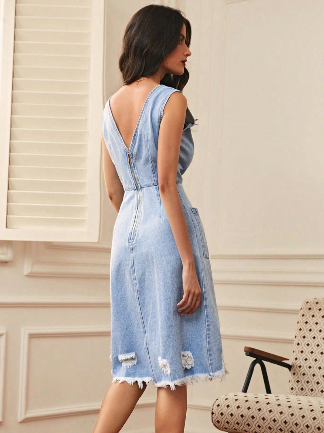 Distressed Raw Hem V-Neck Sleeveless Denim Dress-TOPS / DRESSES-[Adult]-[Female]-2022 Online Blue Zone Planet