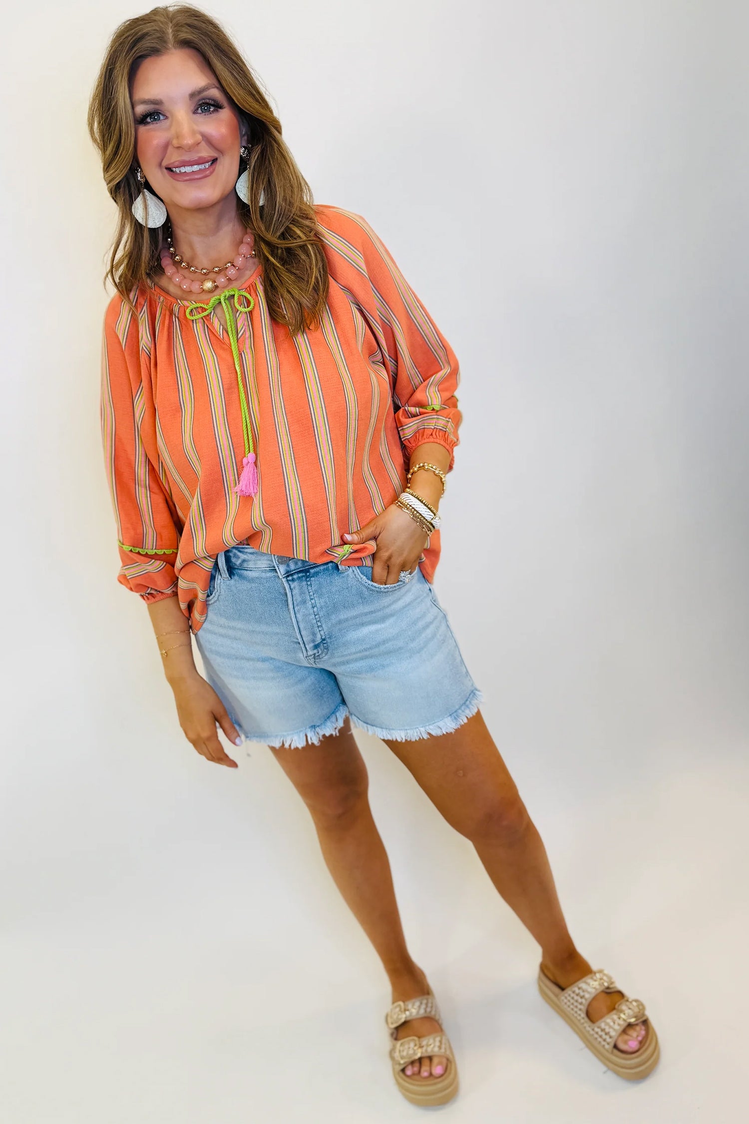 Orange Stripe Tassel Tie Neck Bracelet Sleeve Cotton Blouse-Tops/Blouses & Shirts-[Adult]-[Female]-2022 Online Blue Zone Planet