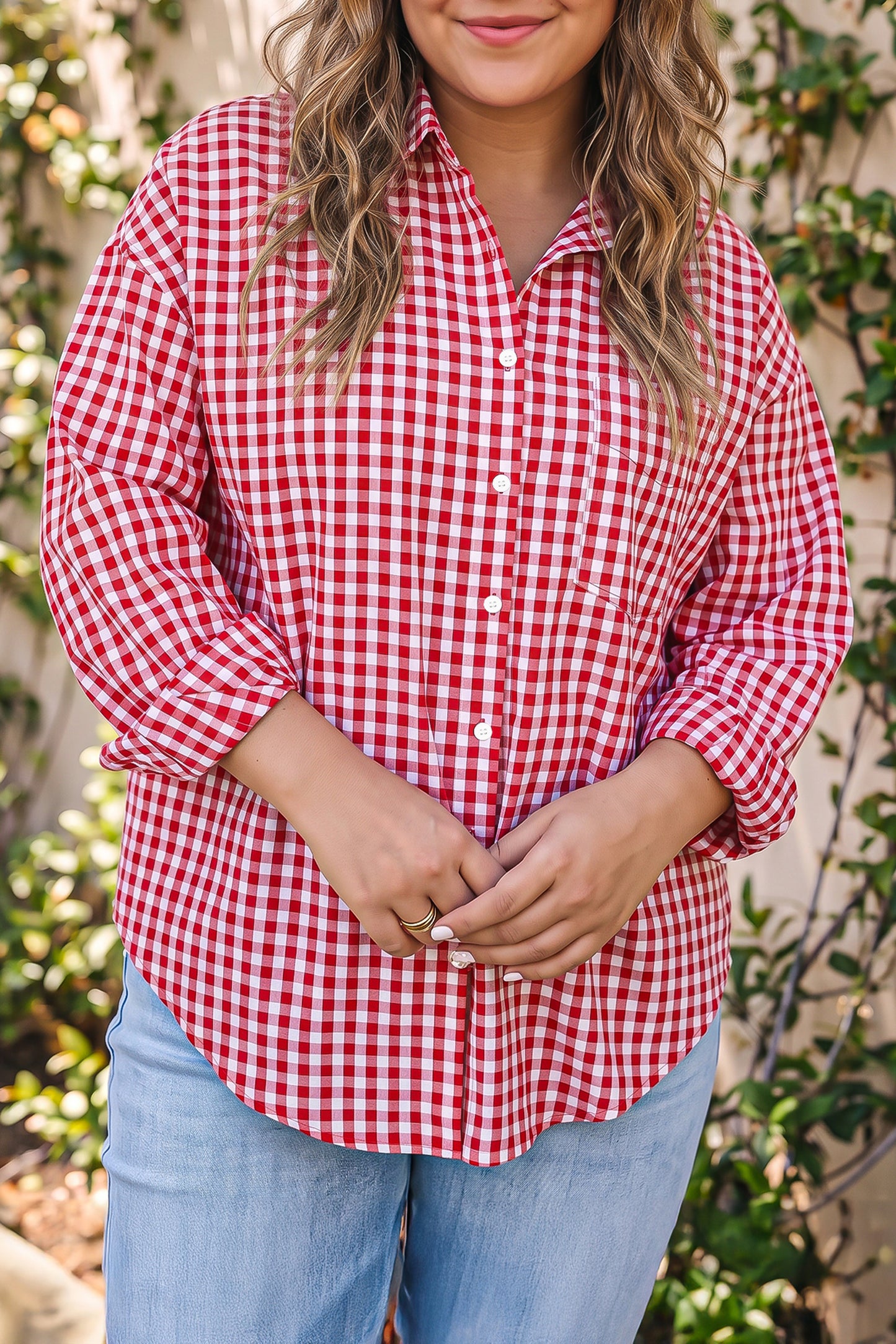 Red Plaid V Neck Long Sleeve Tunic Loose Fit Plus Size Shirt-Plus Size/Plus Size Tops/Plus Size Blouses & Shirts-[Adult]-[Female]-2022 Online Blue Zone Planet