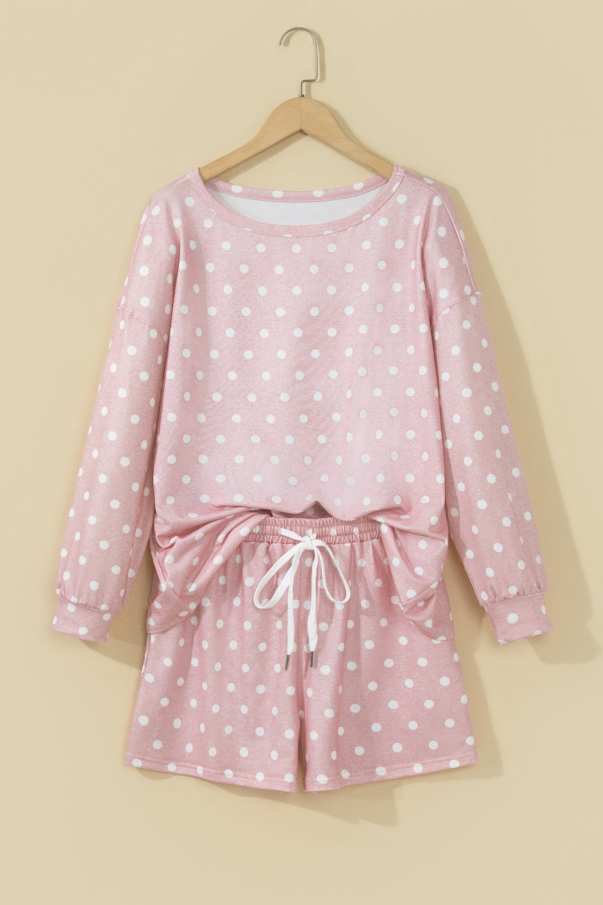 Gray Polka Dot Long Sleeve Top Drawstring Shorts Loose 2pcs Set