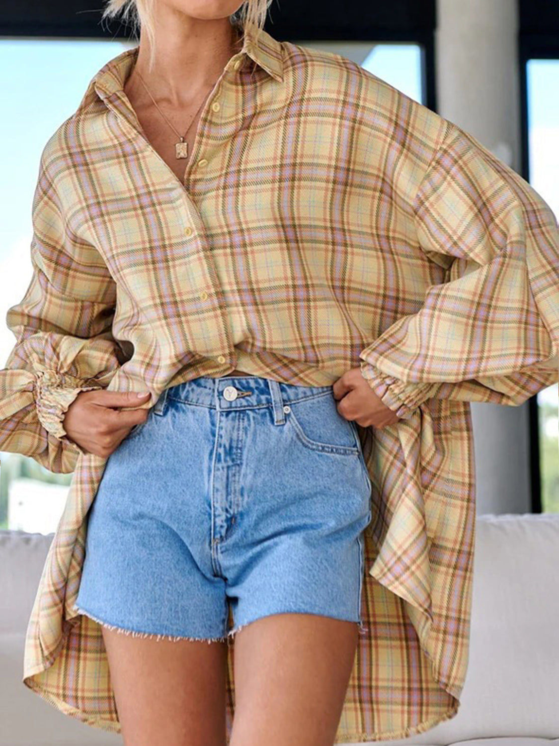 Plaid Button Up Long Sleeve Shirt-TOPS / DRESSES-[Adult]-[Female]-Pastel Yellow-S-2022 Online Blue Zone Planet