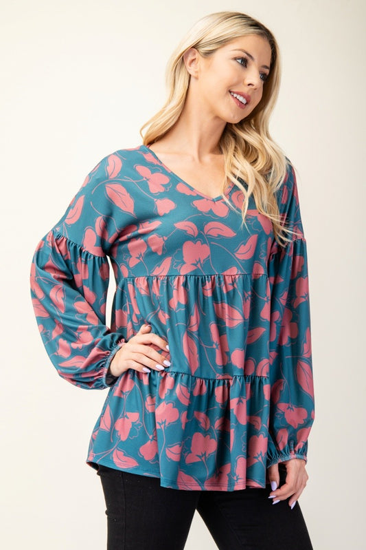 Celeste Full Size Tiered Floral V-Neck Long Sleeve Blouse-TOPS / DRESSES-[Adult]-[Female]-Teal-S-2022 Online Blue Zone Planet