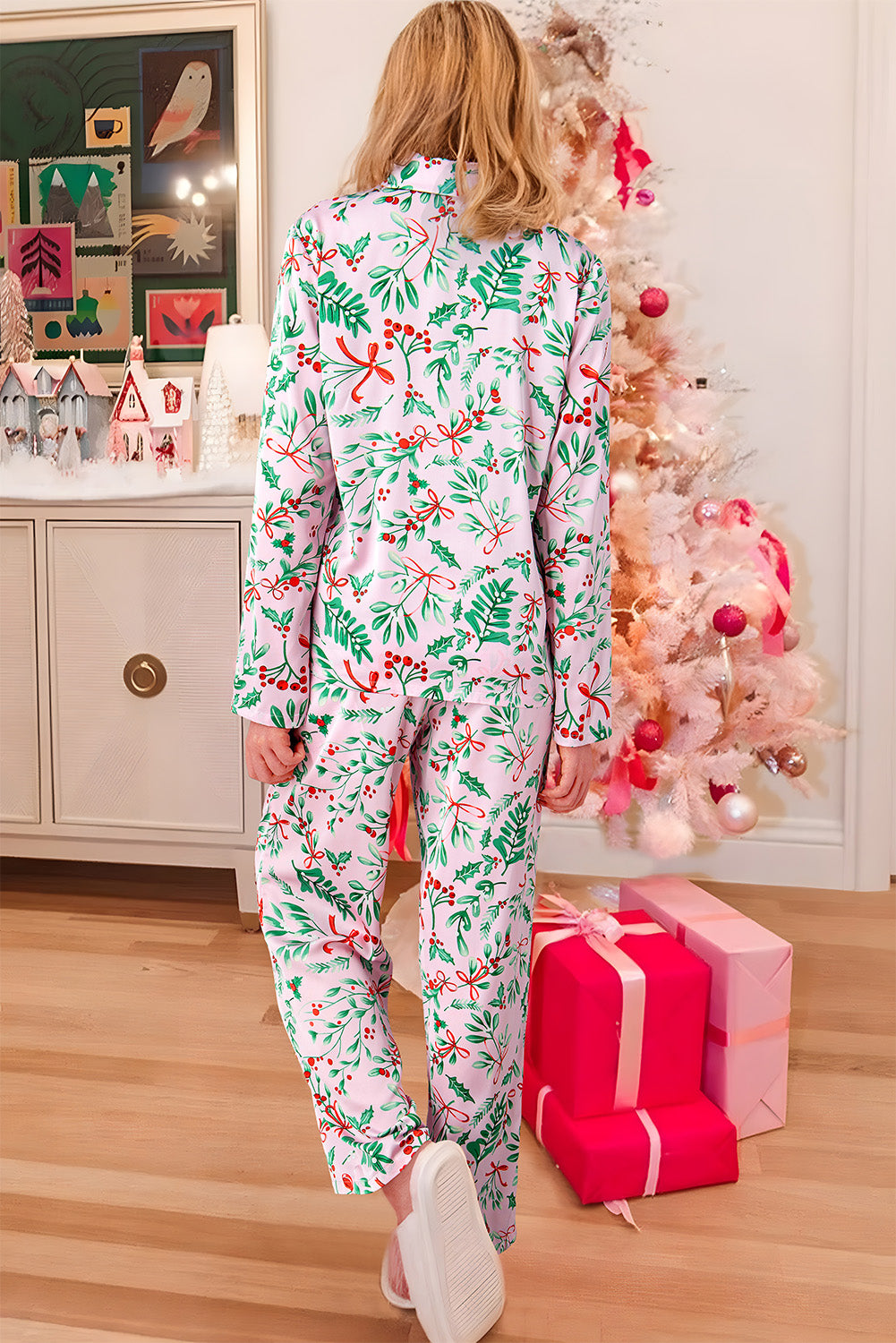 Pink Christmas Berries Plant Print Satin Long Sleeve Pajama Set-Loungewear & Sleepwear/Sleepwear-[Adult]-[Female]-2022 Online Blue Zone Planet