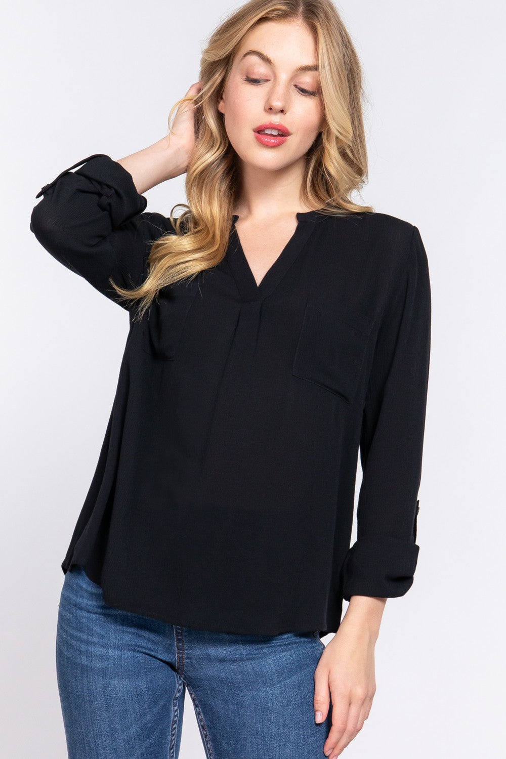 ACTIVE BASIC Full Size Notched Long Sleeve Woven Top-TOPS / DRESSES-[Adult]-[Female]-Black-S-2022 Online Blue Zone Planet