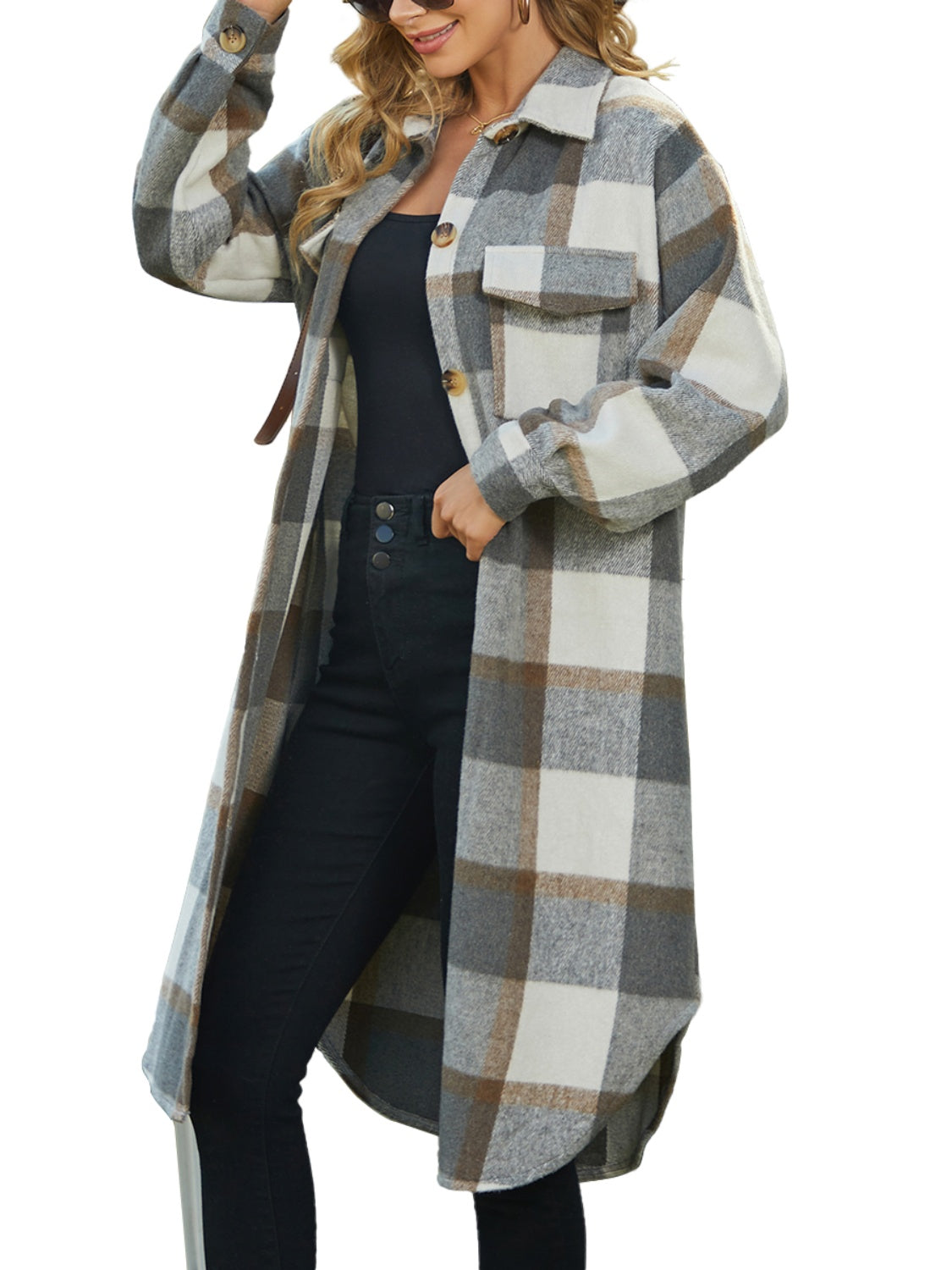 Plaid Collared Neck Long Sleeve Longline Jacket-TOPS / DRESSES-[Adult]-[Female]-Gray-S-2022 Online Blue Zone Planet