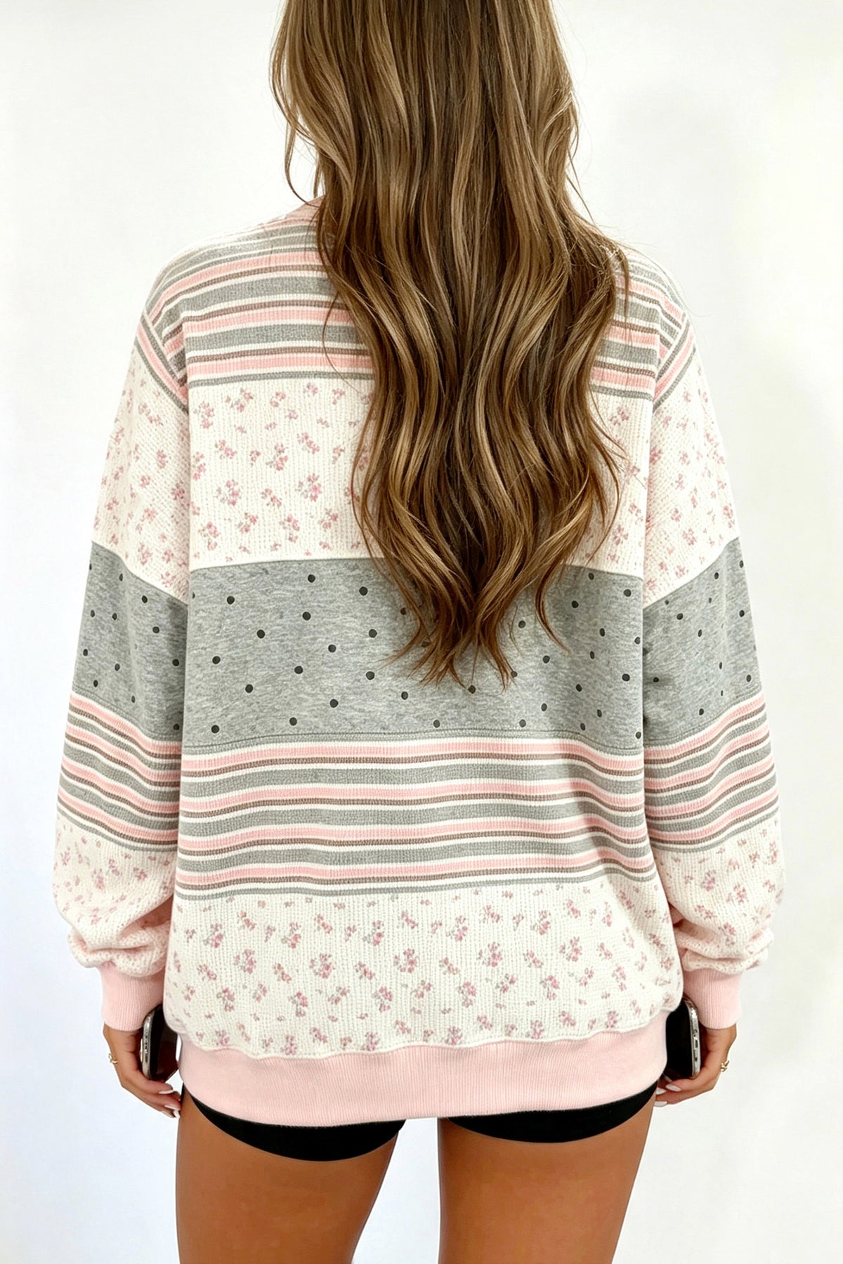 Pink Floral Mix Patchwork Tunic Pullover Sweatshirt-Tops/Sweatshirts & Hoodies-[Adult]-[Female]-2022 Online Blue Zone Planet