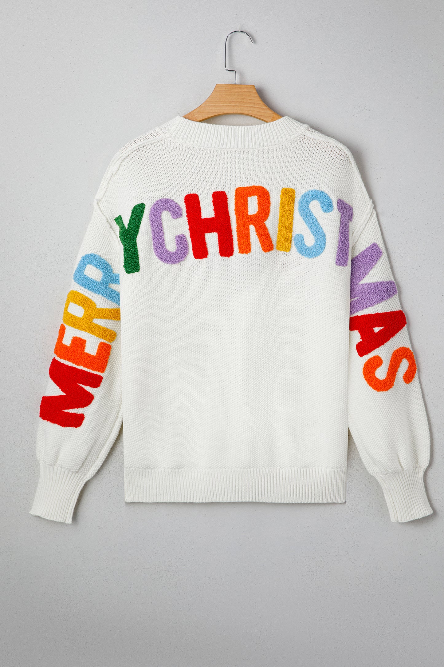 White HOHOHO MERRY CHRISTMAS Chenille Graphic Drop Shoulder Holiday Sweater-TOPS / DRESSES-[Adult]-[Female]-2022 Online Blue Zone Planet
